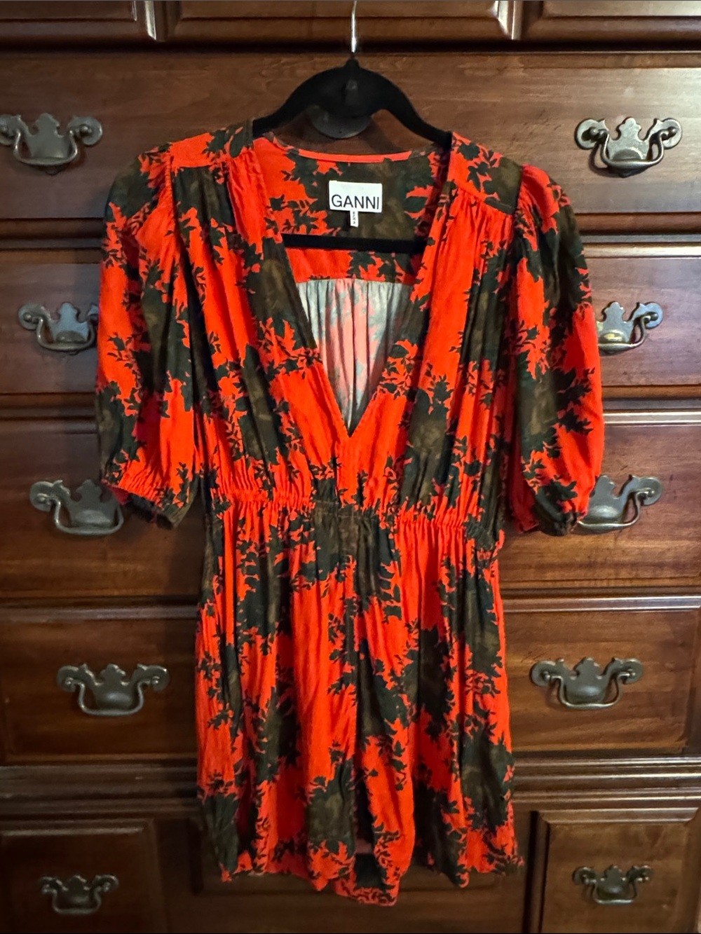 Ganni Red and Black Floral V-Neck Mini Dress